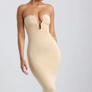 Kehlani Slinky Jersey Hardware Detail Strapless cream dress